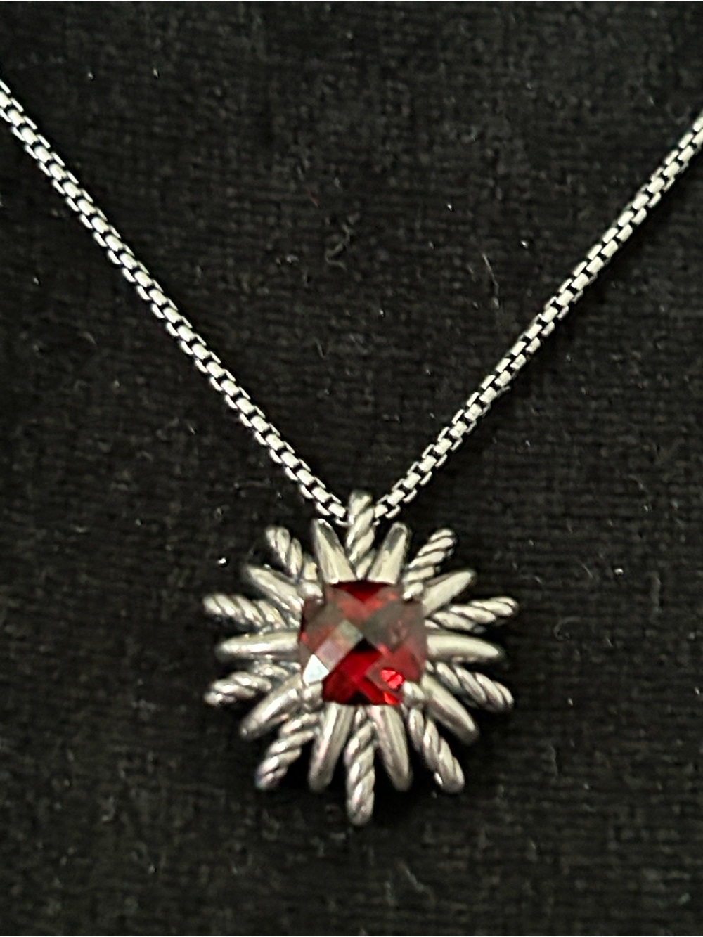 David Yurman Silver Sunburst Necklace with Red Gemstone